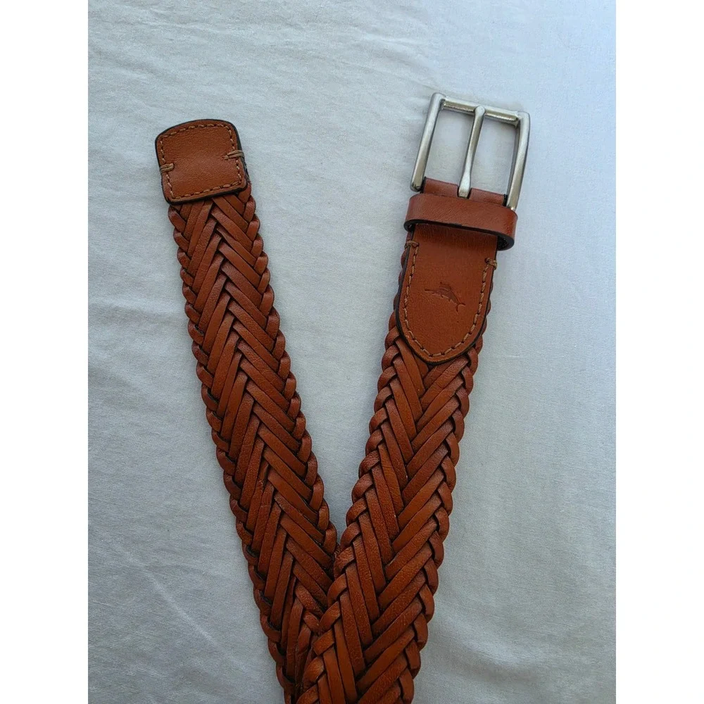 Tommy Bahama Mens‎ Cognac Brown Braided Leather Belt Silver Buckle Marlin Logo